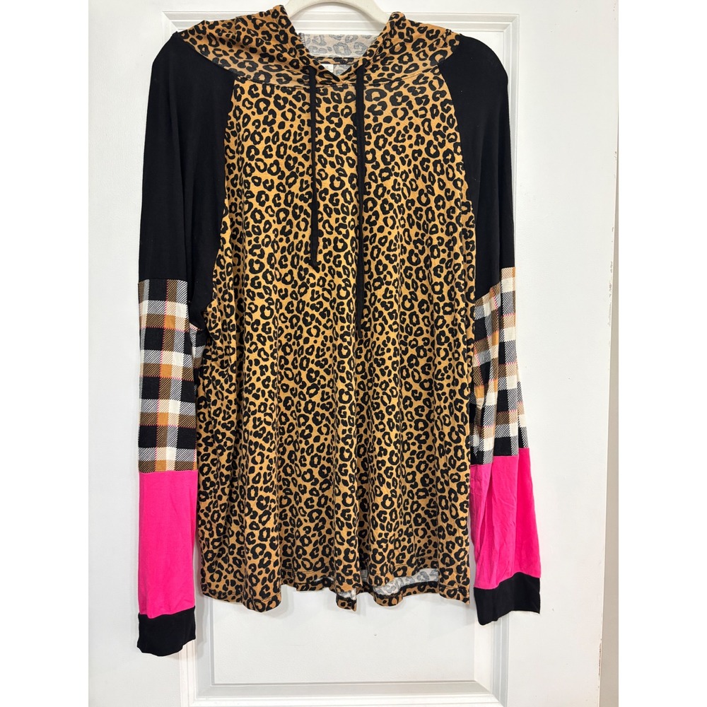 Cato Womens XL Leopard Print Colorblock Hoodie Plaid Neon Pink Mixed Media Top